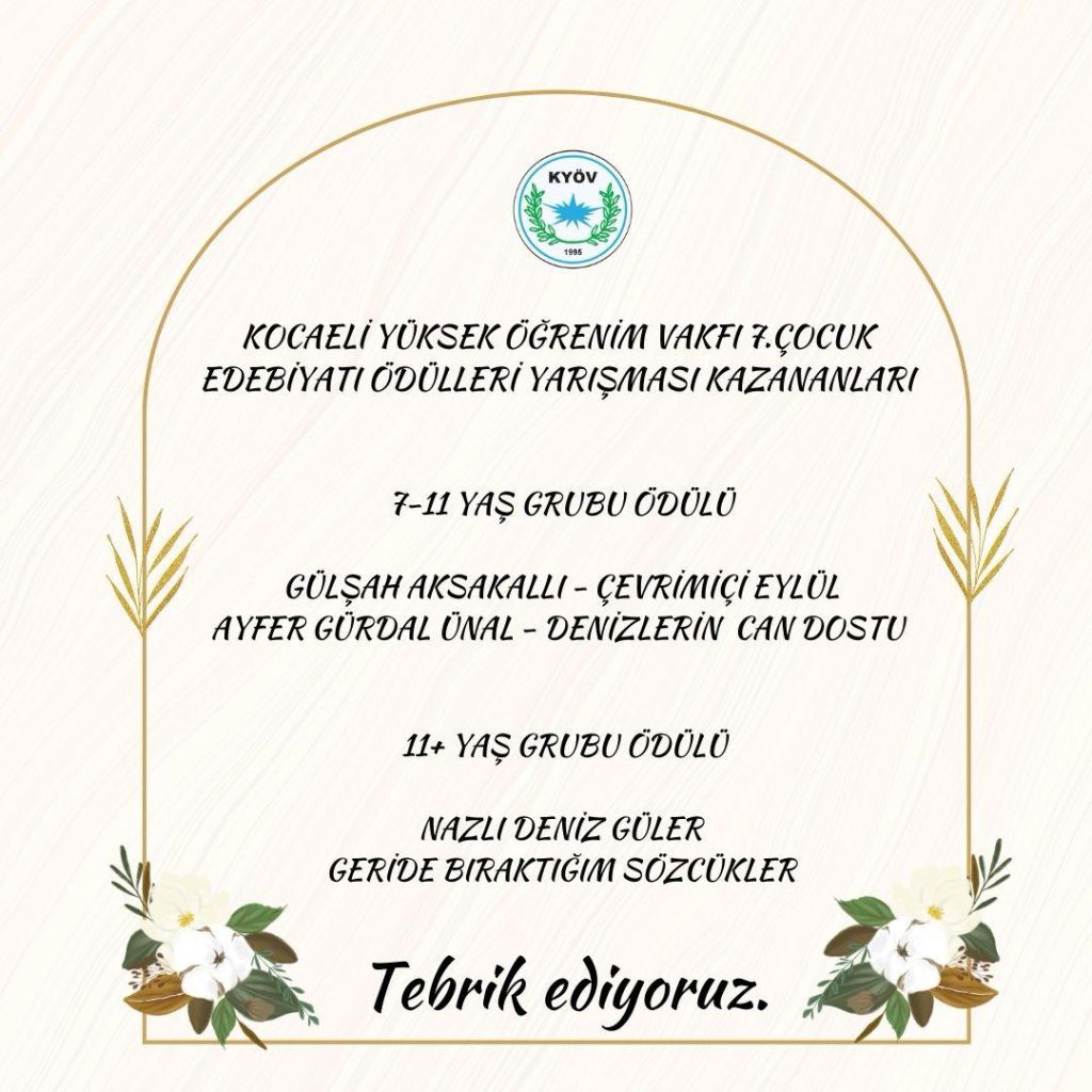 , &#8220;Kocaeli Yüksek Öğrenim Vakfı 7.Çocuk Edebiyatı Ödülleri&#8221; Yarışmasının Sahipleri Belli Oldu&#8230;